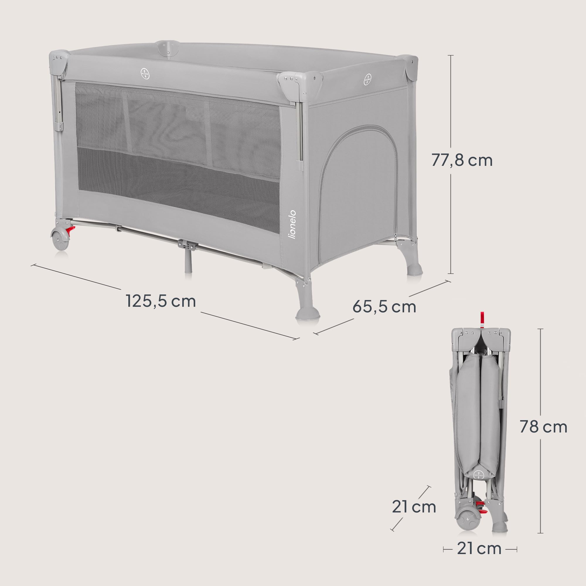 LIONELO ELLEN Lit de Voyage 3 en 1 Cododo 0-3 Ans 15 kg 2 Hauteurs Matelas Gris