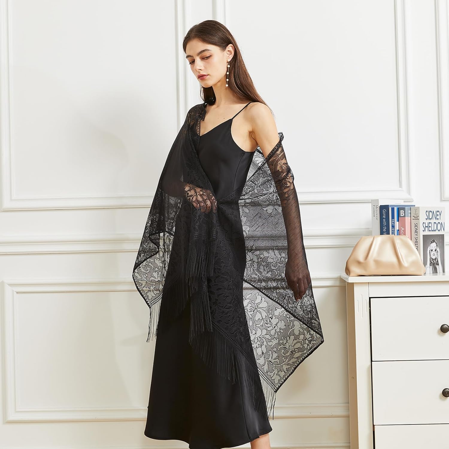 Women’s Floral Lace Shawls and Wraps for Evening Dress Fringe Lace Pashmina Scarf for Wedding Costume Party - Image 4