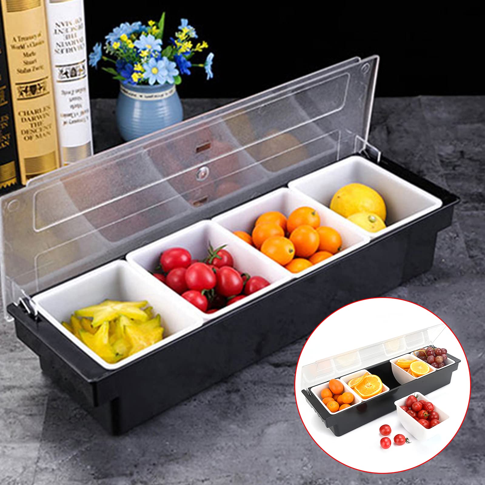 Contenitore per ingredienti in acciaio inox, 5 griglie, contenitore per spezie, contenitore per ingredienti, contenitore per spezie, con coperchio in plastica trasparente e rimovibile