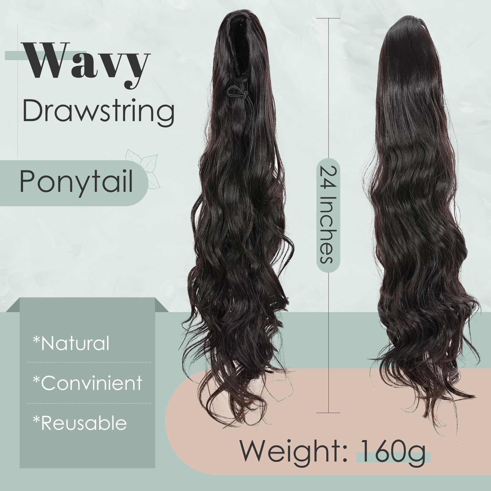 TESS Wavy Ponytail Extension, Drawstring Clip in Ponytail Hair Extensions, Long Hair Extensions, 24 Inches 160g, Natural Black - Image 2