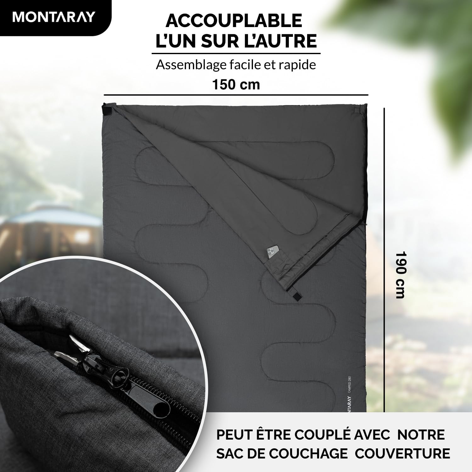 Sac de Couchage Couverture 100% Coton jusqu'à -3 °C avec Coussin, Sac de Couchage d'hiver et Sac de Couchage d'été [280 g/m²] pour 3 à 4 Saisons (75 x 190 cm) – Sac de Couchage pour Homme