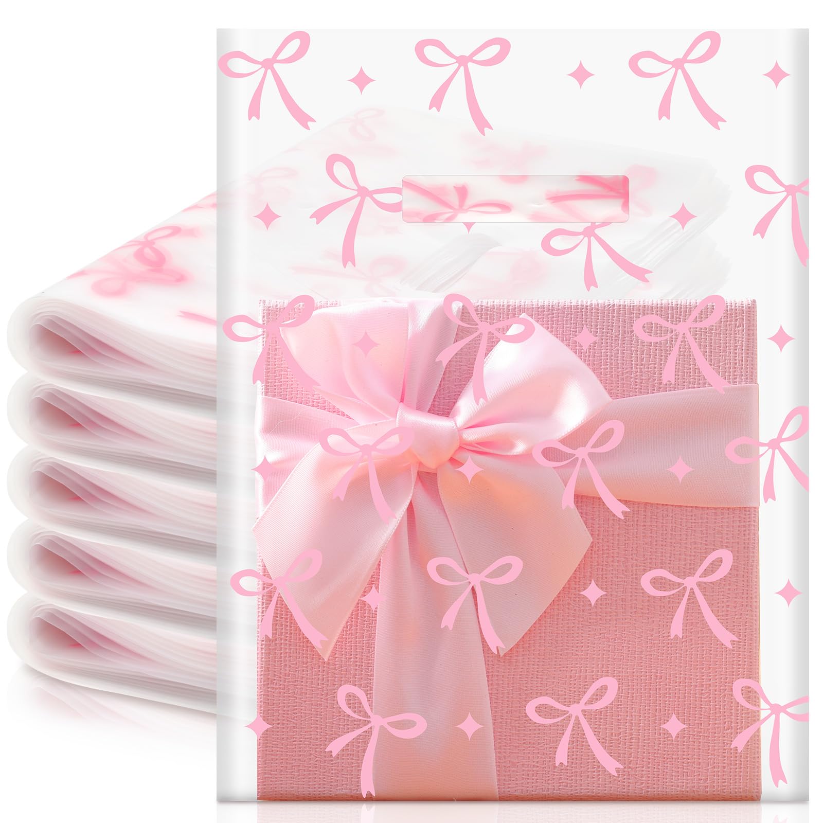 Qilery 100 Pcs Pink Shopping Bags for Small Business Cute Bow Merchandise Boutique Retail Plastic Party Favor Gift Candy Goodie Treat Bags with Handles for Birthday Party Stores Business Supplies