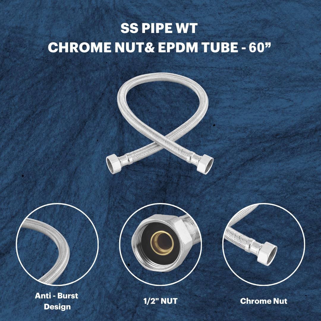 SS 304 Stainless Steel Geyser Connection Pipe Set 5 Feet, 60 Inchs | Flexible Hot & Cold Water Geyser Pipes | Heavy Duty Tap & Washbasin Connection Pipe | Leak Proof Bathroom Water Hose (Pack of 2) 1