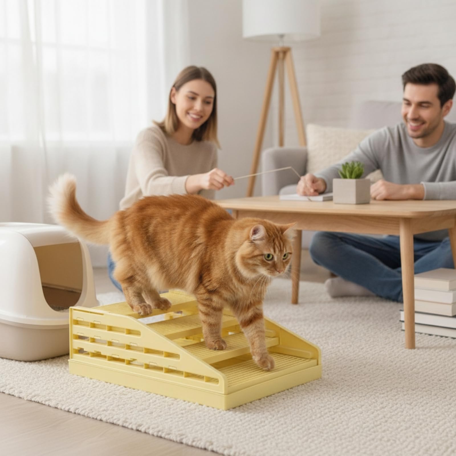 Anti Rutsch Katzenmatte Katzenklo Matte Katzenstreu Matte Katzenpfoten Matte mit Rampe Und Auffangwanne aus PP für Sauberes Herausgehen, Weiß