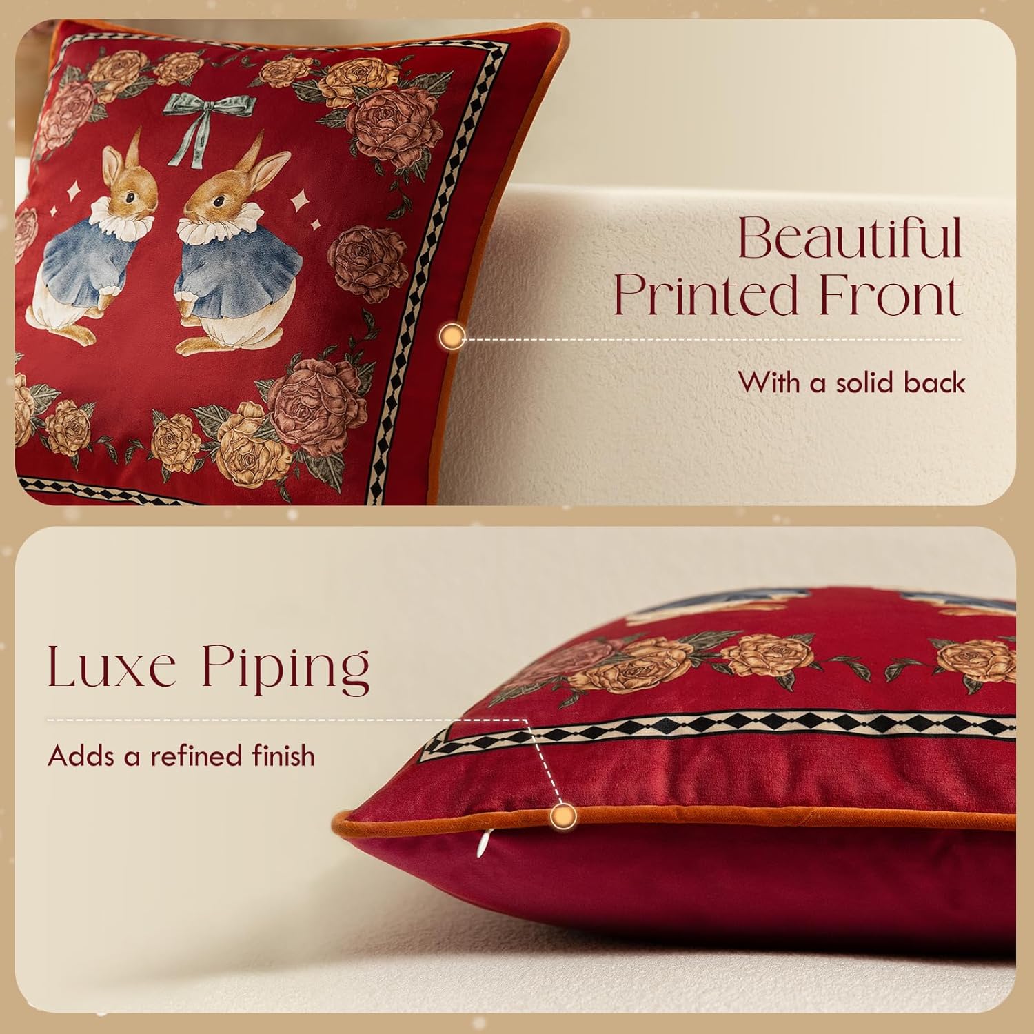 Bunny Floral Red Pillow Cover Decorations, Velvet Euro Sham Covers Decorative Throw Pillow Covers 18x18 for Couch Sofa Bed Home Decor
