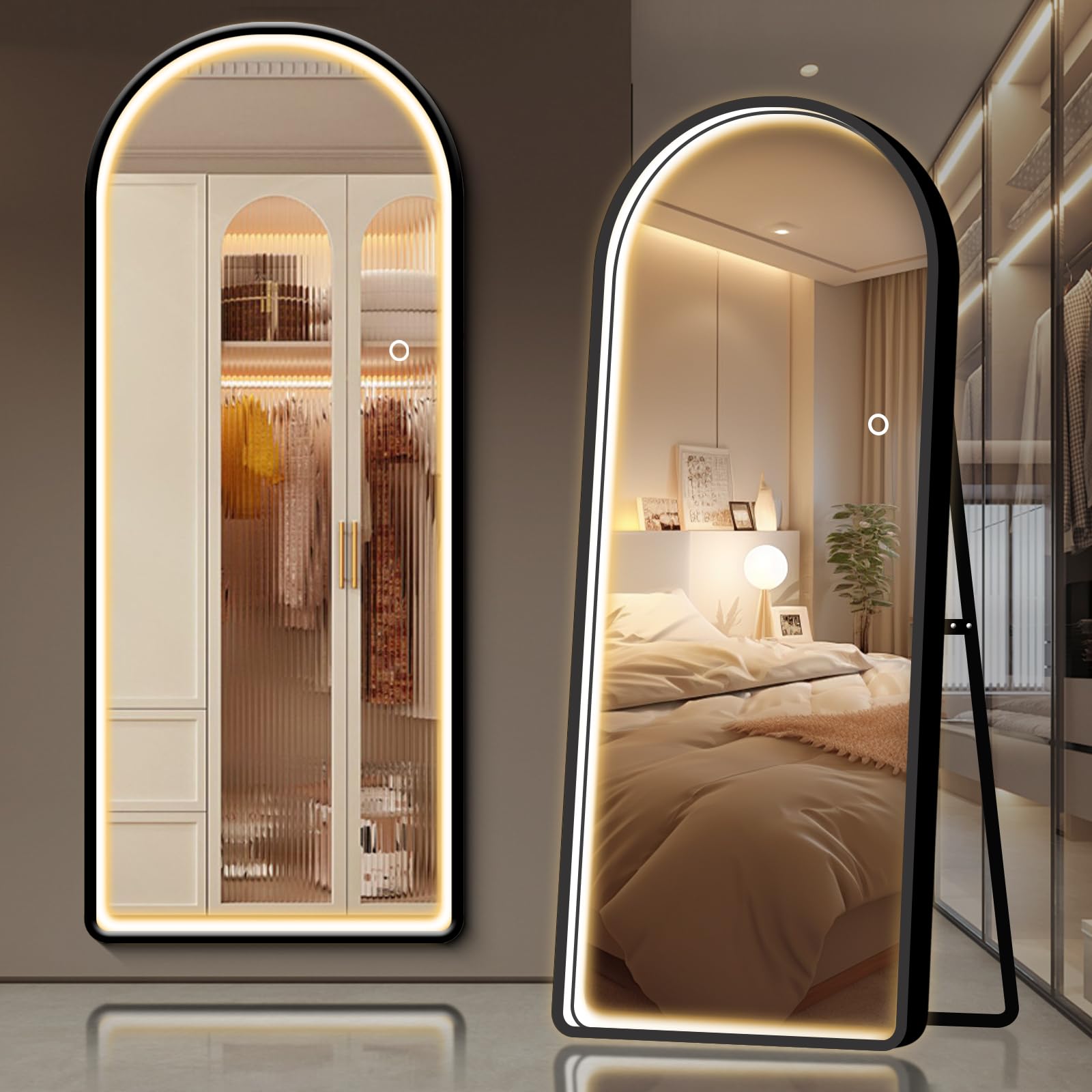 GlasFlength64"x21" Arched Full Length Mirror with LED Lights, Free Standing Floor Mirror, Full Body Dressing Mirror, Wall Mounted Hanging Mirror for Bedroom, Black