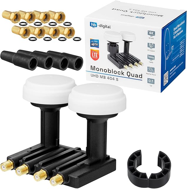 Quad Monoblock LNB HB-DIGITAL zestaw 0,1 dB LMQP firmy Opticum LNC 4 uczestników Bezpośrednio 2 Sat Astra 19,2° Hotbird 13° Full HD TV 3D Ultra HD 4K czarny + 4X gumowe końcówki + 8X wtyk F gratis