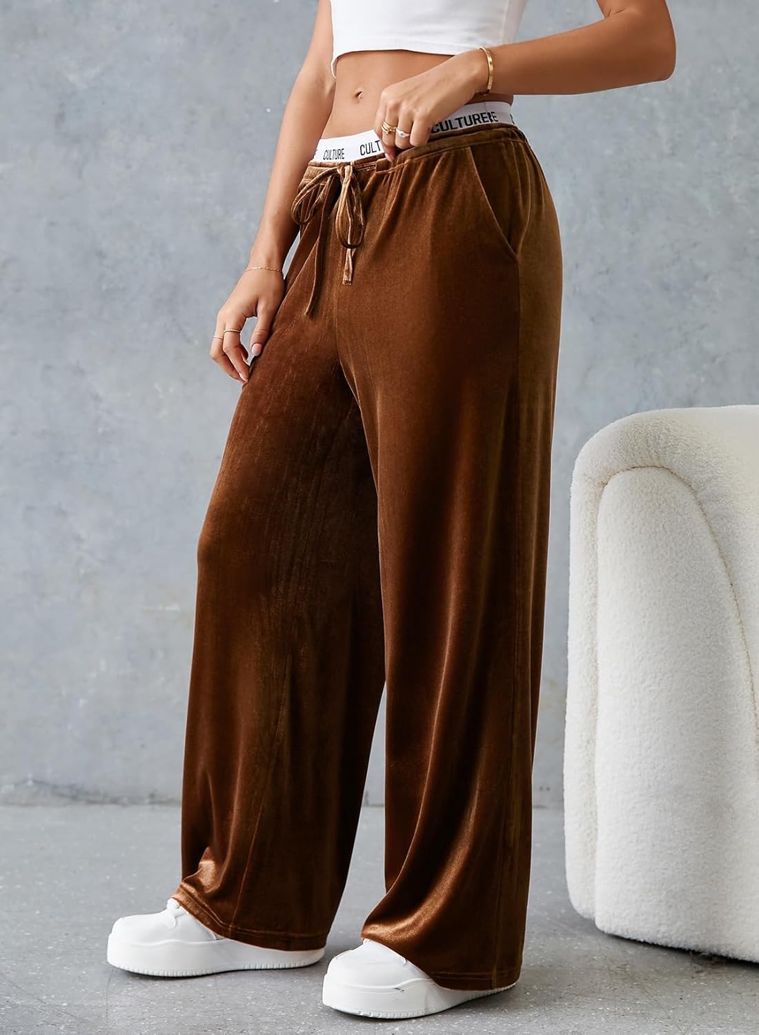 Herseas Women's High Waisted Wide Leg Contrast Waistband Long Pants 2025 Fall Casual Front Tie Velour Sweatpants - Image 2