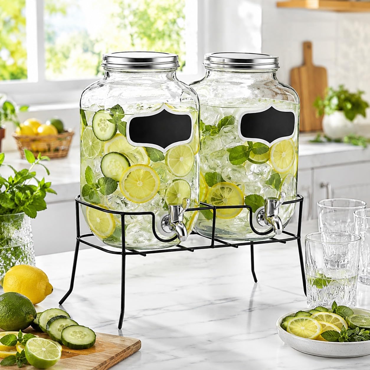 Set 2 Dispenser Bevande in Vetro da 4L con Rubinetto e Supporto in Metallo, Capacità Totale 8L, Fontana per Bevande con Etichette Scrivibili, per Acqua, Limonata, Succhi, Cocktail e Feste