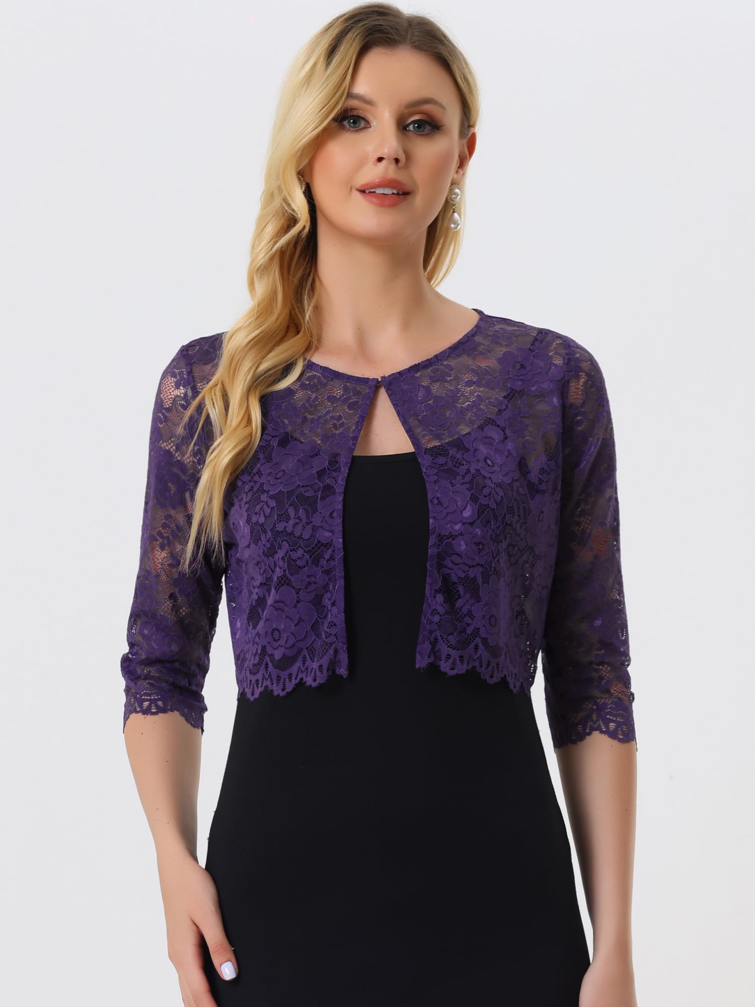 Allegra K Boléro court en dentelle florale transparente pour femme, violet foncé, Taille L
