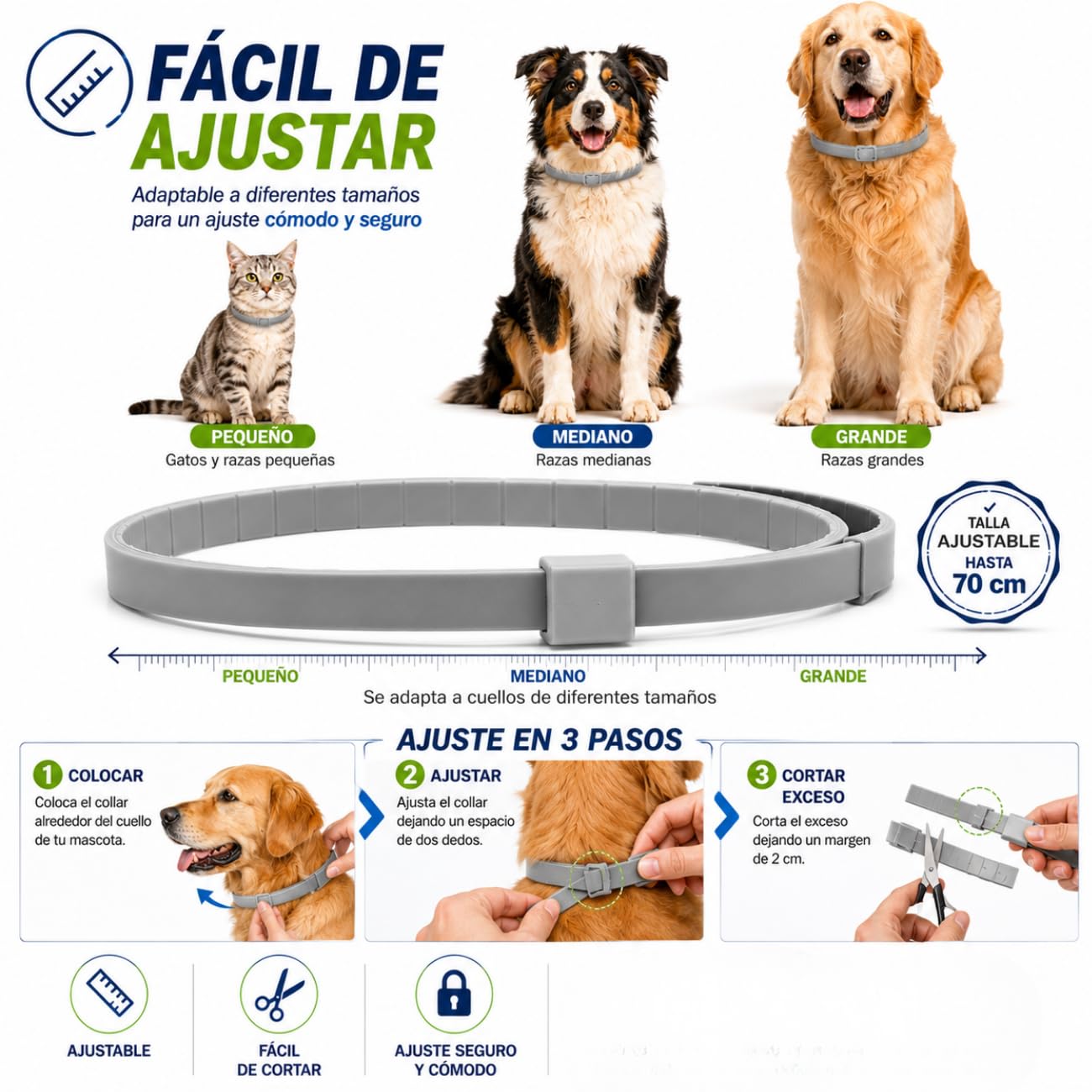 Collier antiparasitaire Chien - 8 Mois de Protection - Contre Les puces, tiques, moustiques, acariens et poux - 100% Naturelles (70 cm 1Unité)