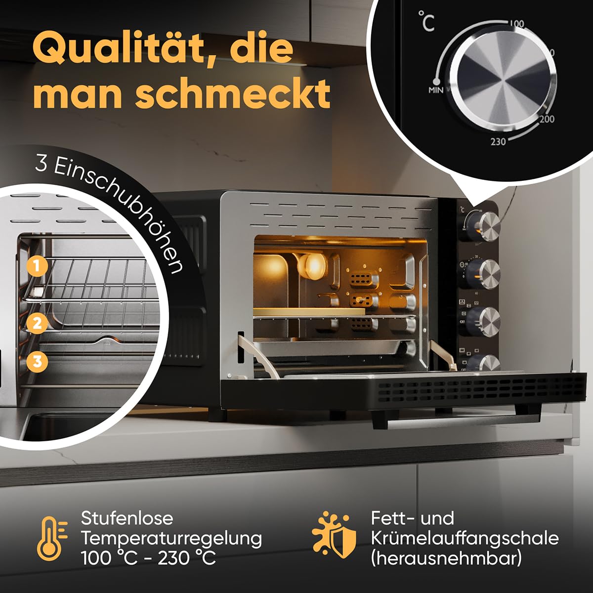 ProfiCook mini forno 30L | convezione + calore superiore/inferiore | mini forno con girarrosto e pietra per pizza | 100°C - 230°C | con convezione e timer | piccolo forno 1500W | PC MBG 1277