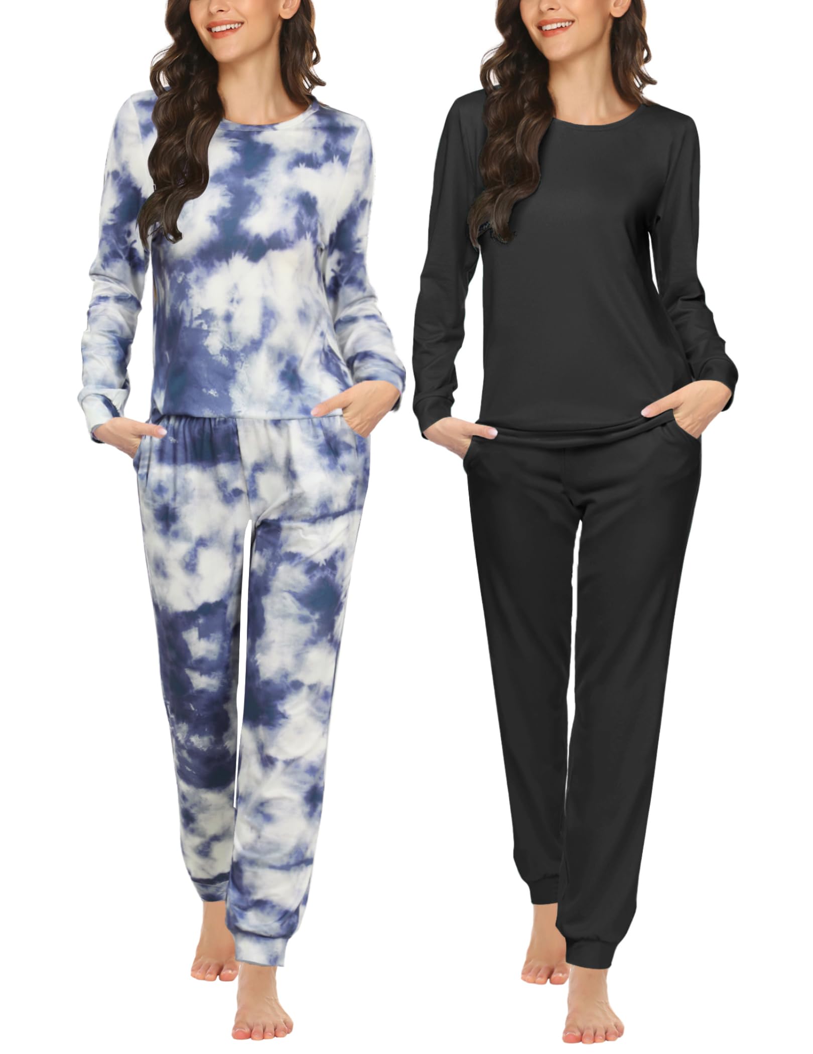 Ekouaer 2 Pack Pajama Sets for Women,Long Sleeve Top With Jogger Pants Lounge Set Sleepwear with Pockets