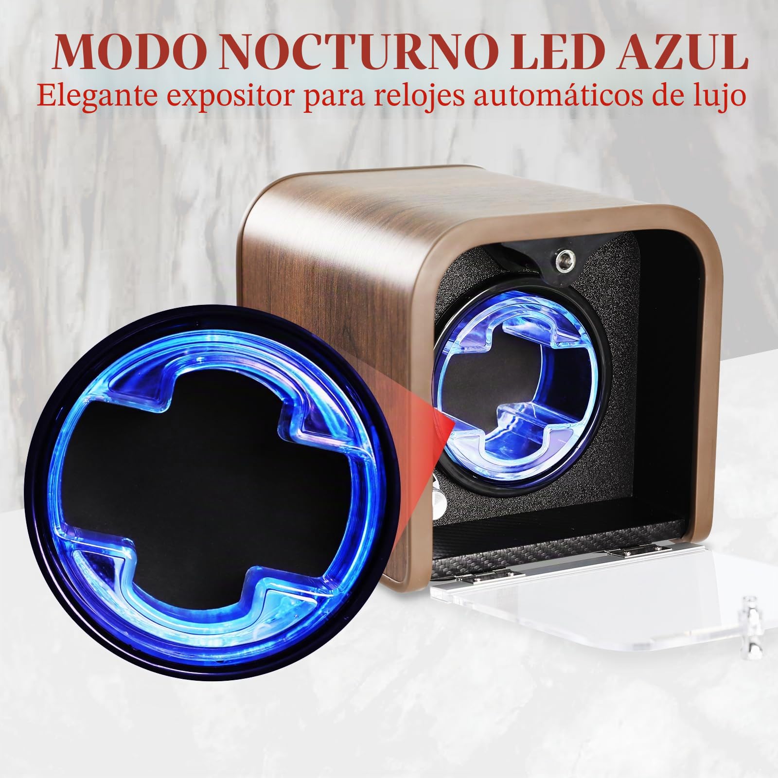 Enrollador Automático para Relojes, Enrollador Individual con 4 Modos de Rotación/Luz LED Azul/Tecnología Smart Stop/Almohadilla de Espuma/Motor Silencioso/Vitrina de Madera para Relojes Automáticos
