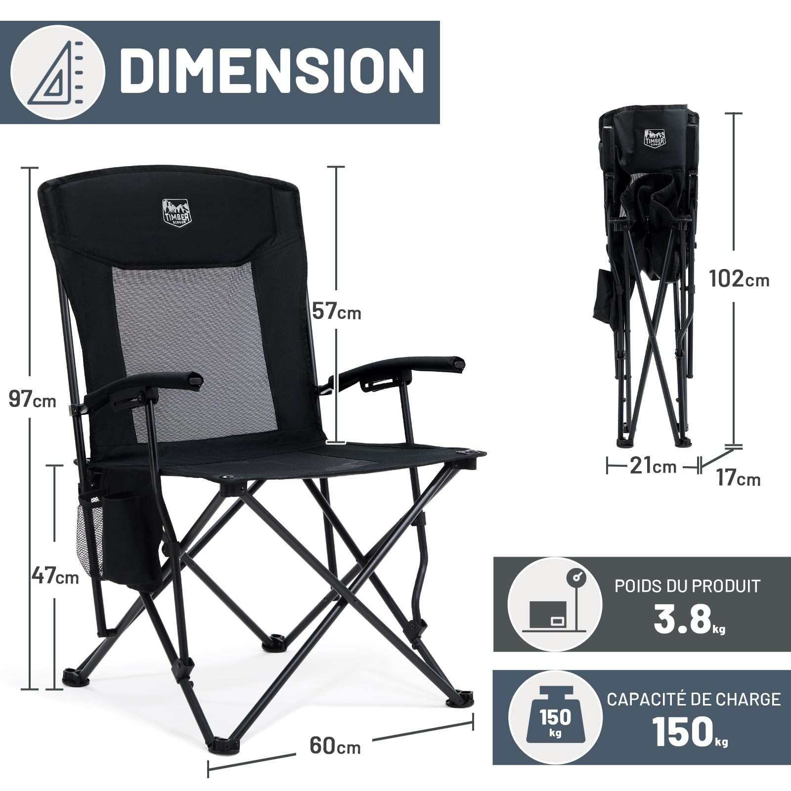 TIMBER RIDGE Chaise de Camping Pliante pour Adultes 150kg Chaise de Plage Légère Fauteuil L'extérieur Dossier en Maille Confortable pour Camping Festival Pêche Jardin