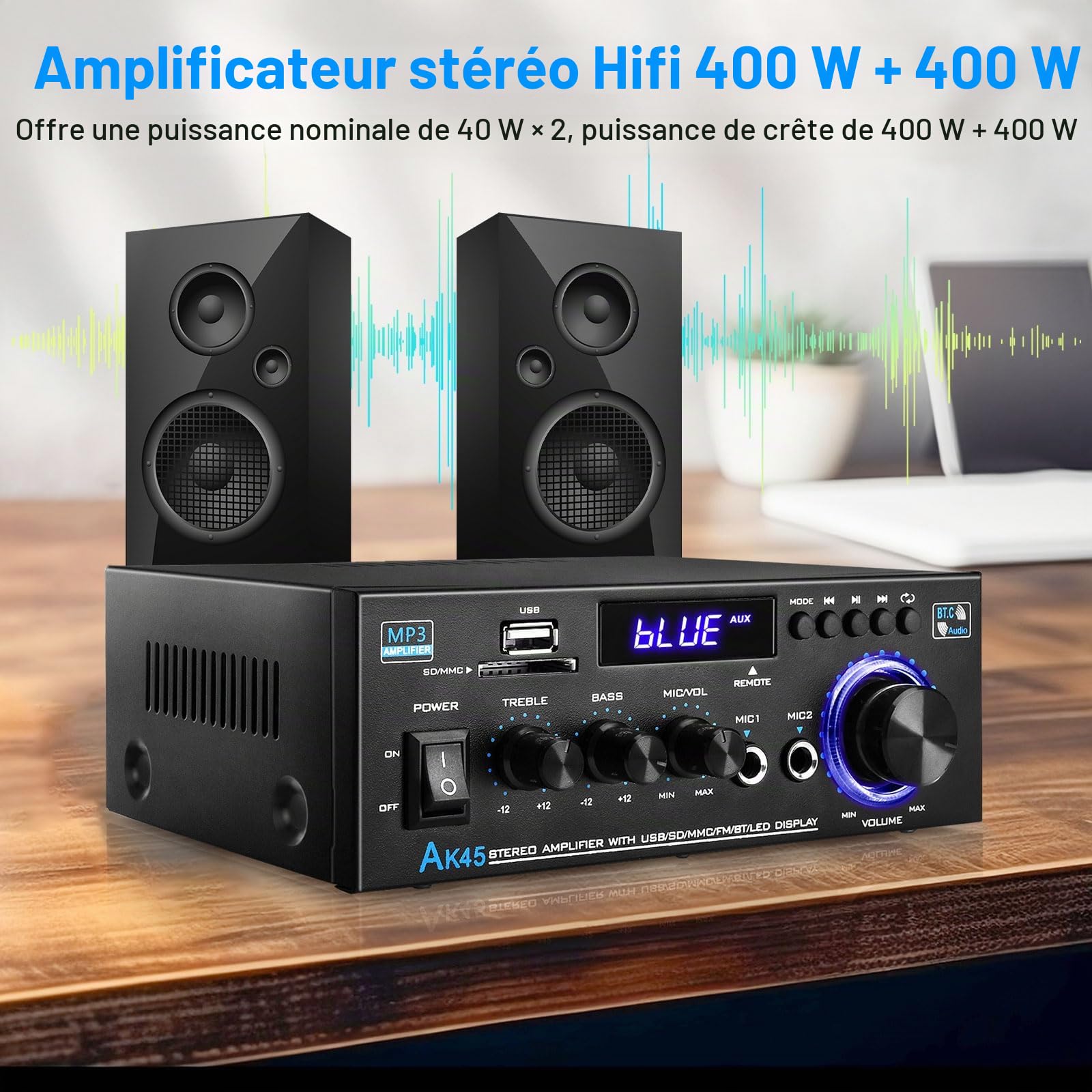 KKMOL AK45 Mini Amplificateur HiFi Stéréo Bluetooth Radio Audio Récepteur Wiimp 12V/220V 400W 2 Canaux Numérique Avec USB Carte SD
