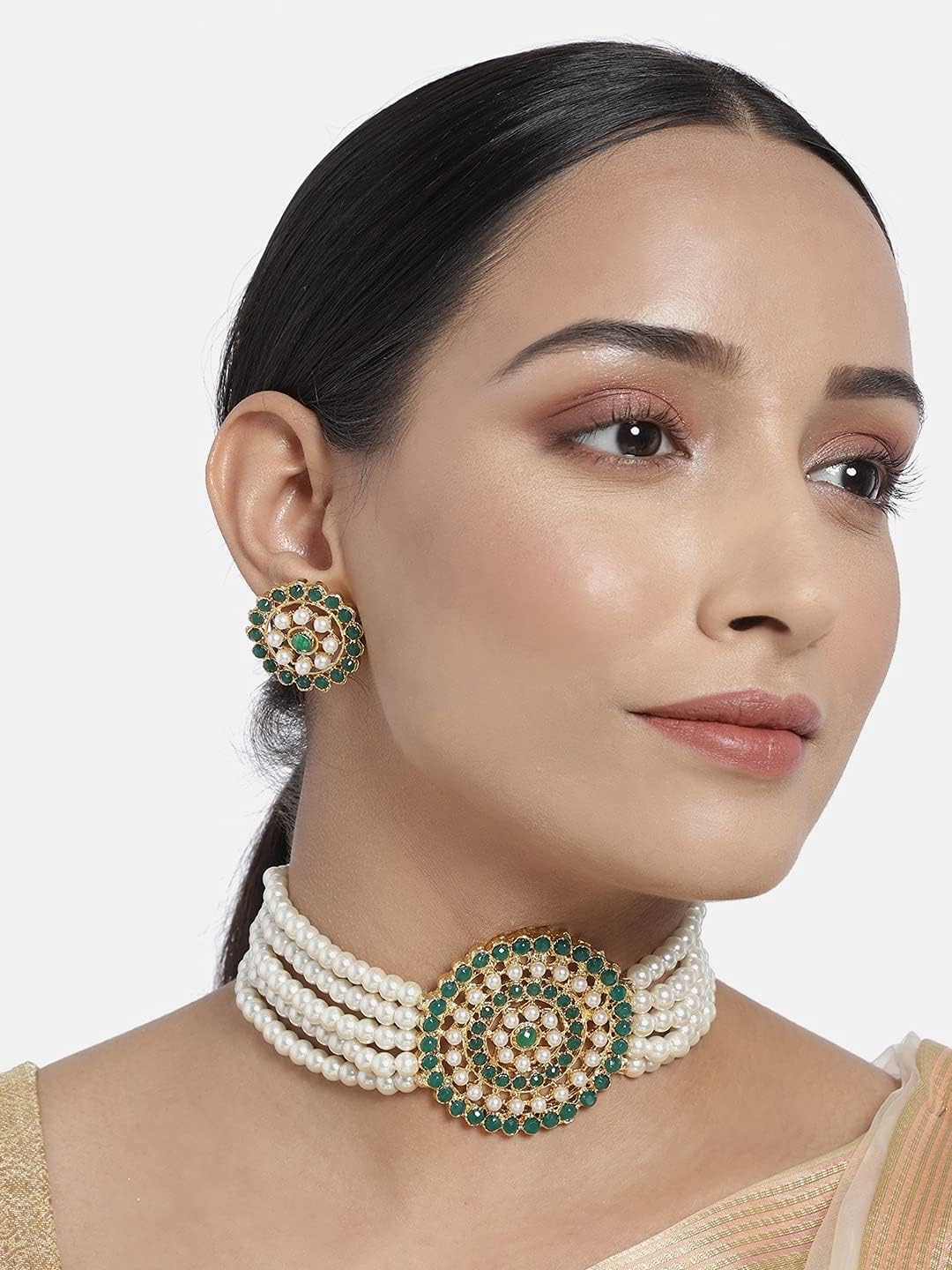 Aheli Pearl Diamond Choker Necklace & Round Earrings Gift for Women Indian Traditional Bollywood Fashion Bharatanatyam jewellery set
