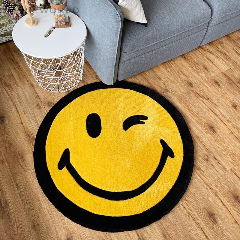 YOUOUSI Tapis de Mode Jaune Smiley de Dessin animé, Rond, en Flanelle, adapté à la décoration du Salon et de la Chambre à Coucher