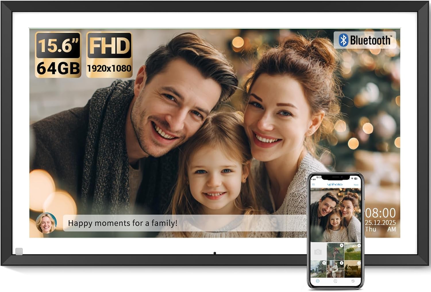 BSIMB 15.6 Inch Digital Picture Frame, 64GB 1920x1080 FHD Large Digital Photo Frame WiFi Photo Frame Electronic Touchscreen, Share Pictures/Videos via App/USB/SD Easy Setup Auto-Rotate, Gift for Mom