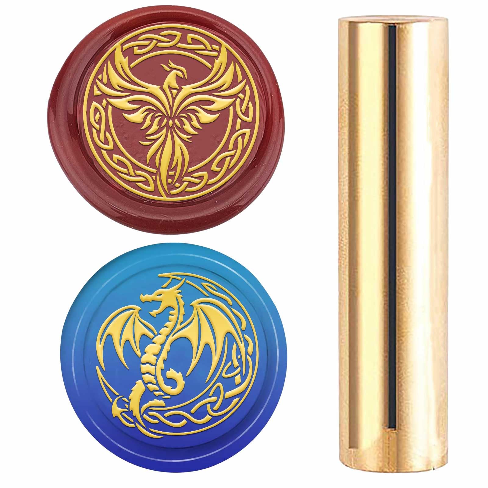 CRASPIRE Dragon Sealing Wax Stamp Brass Wax Seal Chinese Phoenix Round 15mm Gold Brass Double Head Column Pattern Retro Vintage Stamp for Envelopes Scrapbook Invitation Gifts Packaging DIY Decor