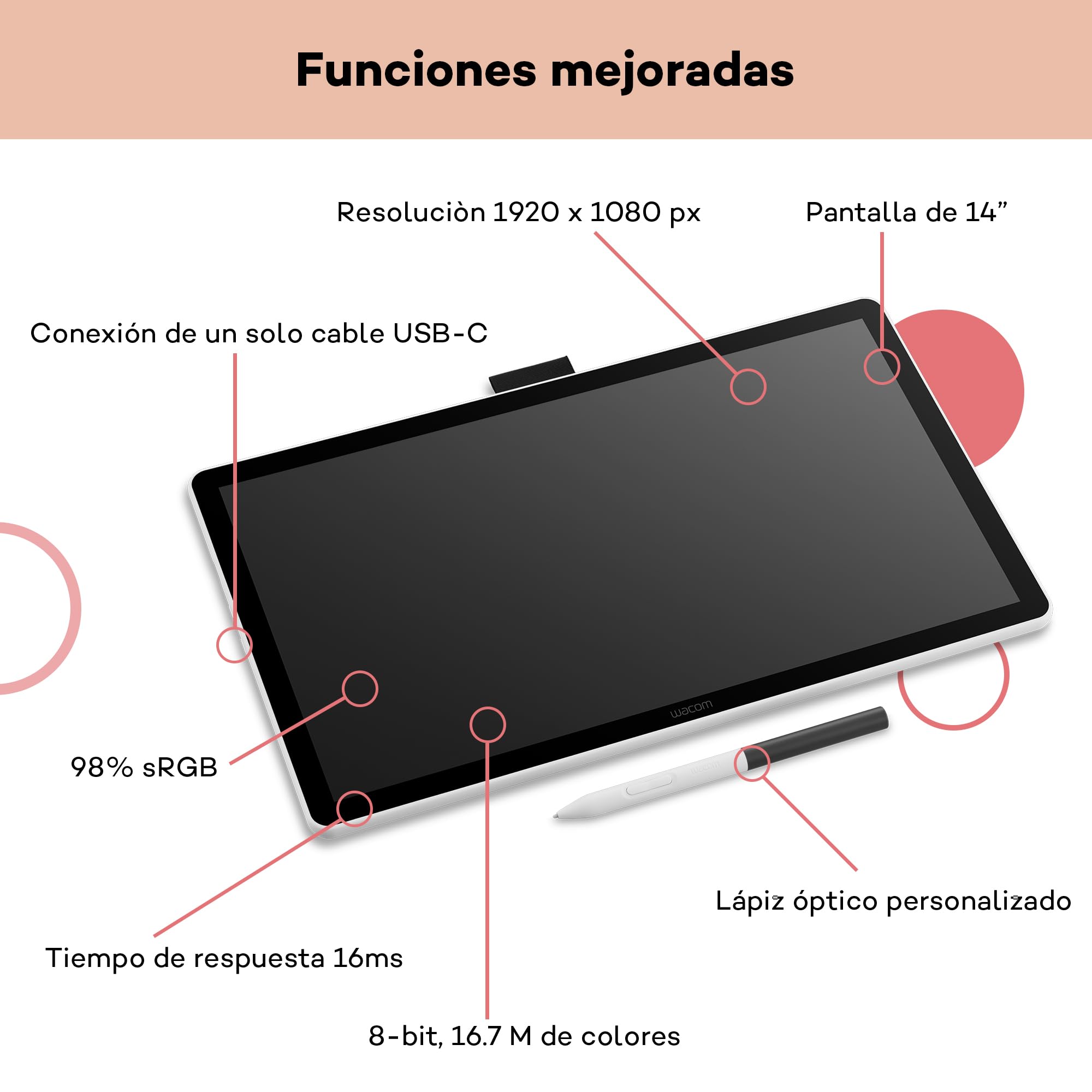 Wacom One 14 Tableta gráfica con Pantalla – 14″ Full HD con lápiz sin batería, Pantalla antirreflejo & Software Incluido – Compatible con Windows, macOS & ChromeOS