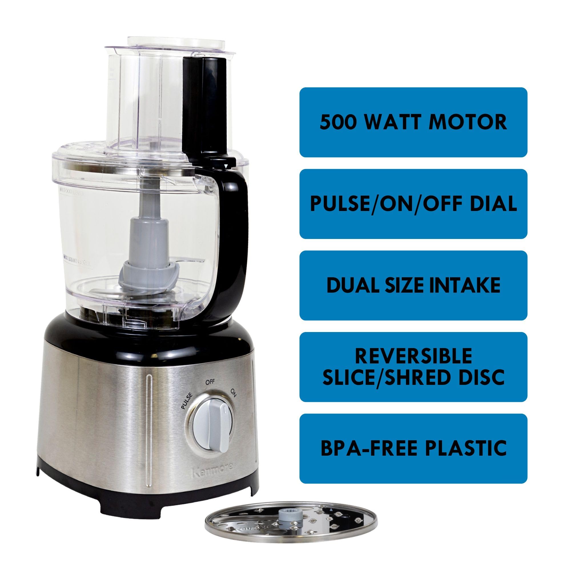 Kenmore - Procesador de alimentos y cortador de verduras con disco reversible para rebanar/triturar, cortar, cortar, picar, rallar, rallar, puré, acero inoxidable, 500 W, negro y plateado