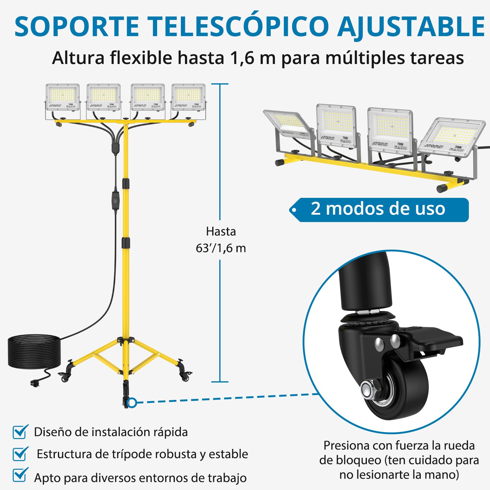 AUTOUTLET Foco de Trabajo Cabezales Rotación de 360° 6500K, Impermeable IP66 Con Cable 5m y Trípode Ajustable para Construcción,Acampada,Taller (4x70w)