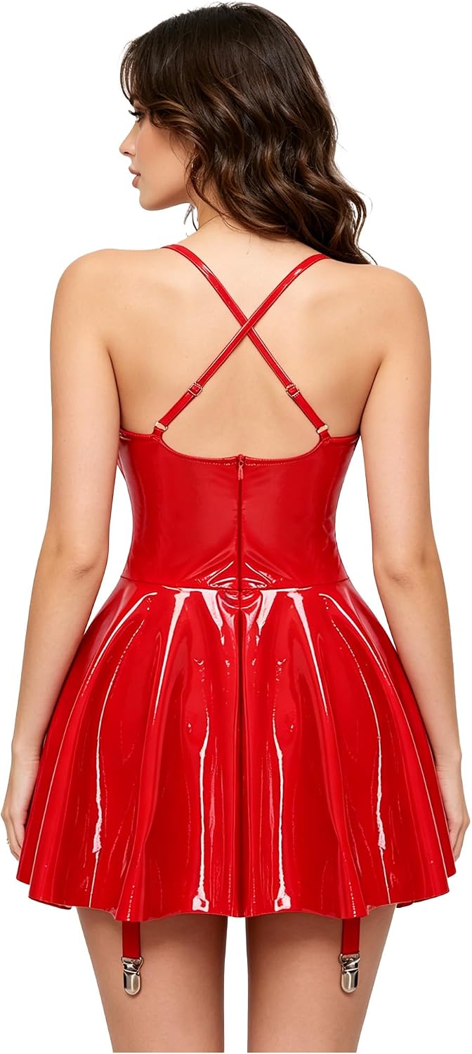 Women Camisole Lingerie Dress Wet Look Leather with Suspender Clips Party Club Dresses Sleepwear