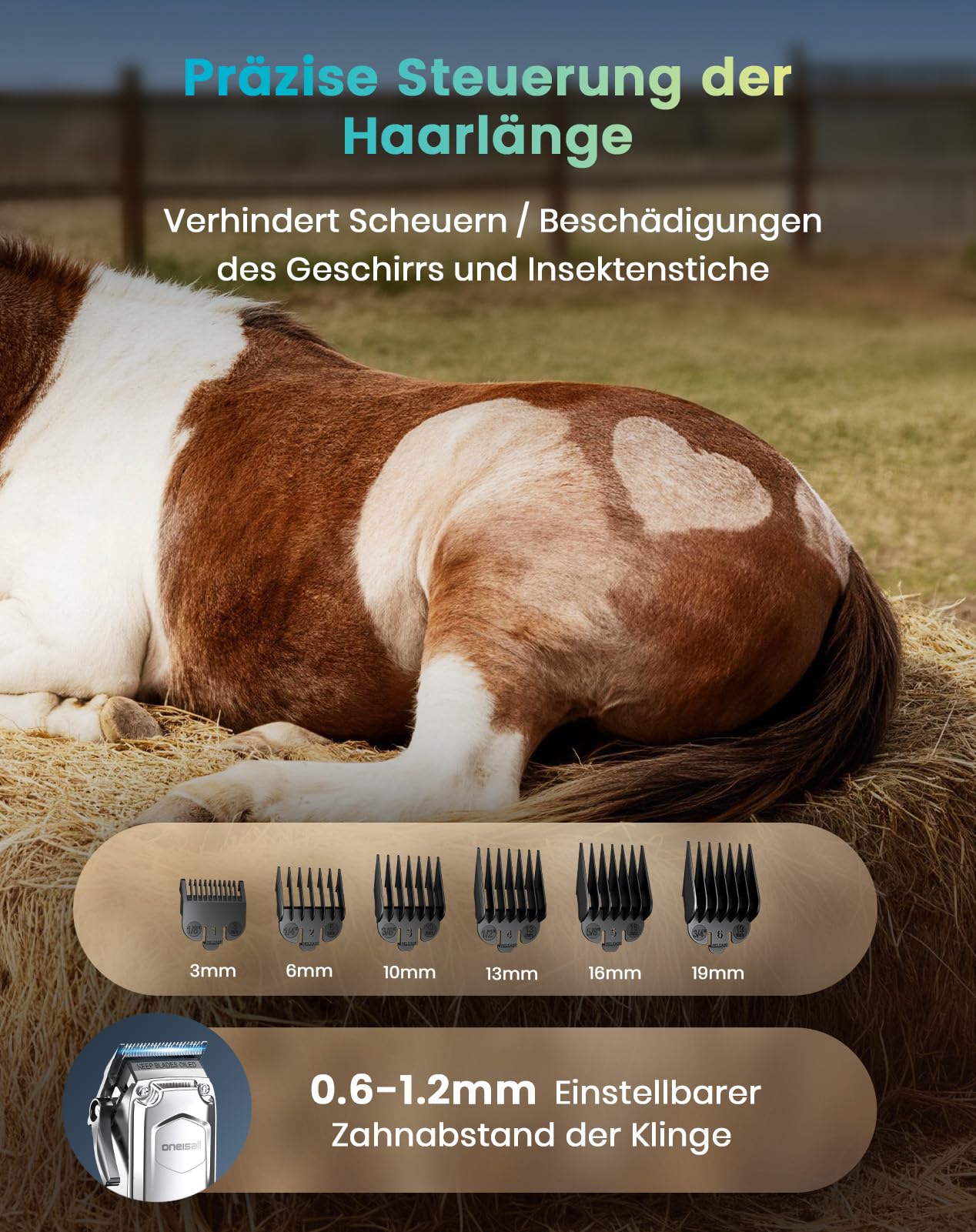 oneisall Kabellose Schermaschine Pferd, Pferdeschermaschine mit 6 Aufsätzen und abnehmbarer Edelstahlklinge im Stall, Leise Tierschermaschine Pferd/Hund für dickes fell, 4h Laufzeit