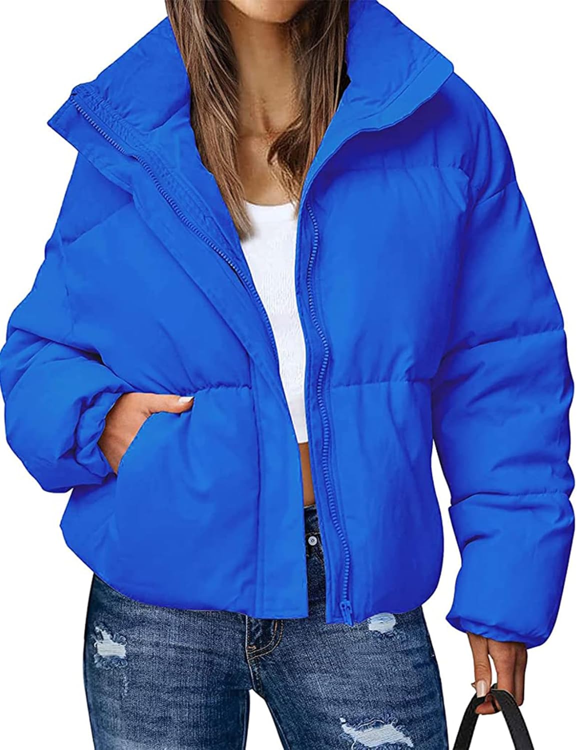 Wyeysyt Women's Winter Cropped Puffer Quilted Jacket Long Sleeve Zip Warm Short Coats Stand Collar Jacket with Pockets