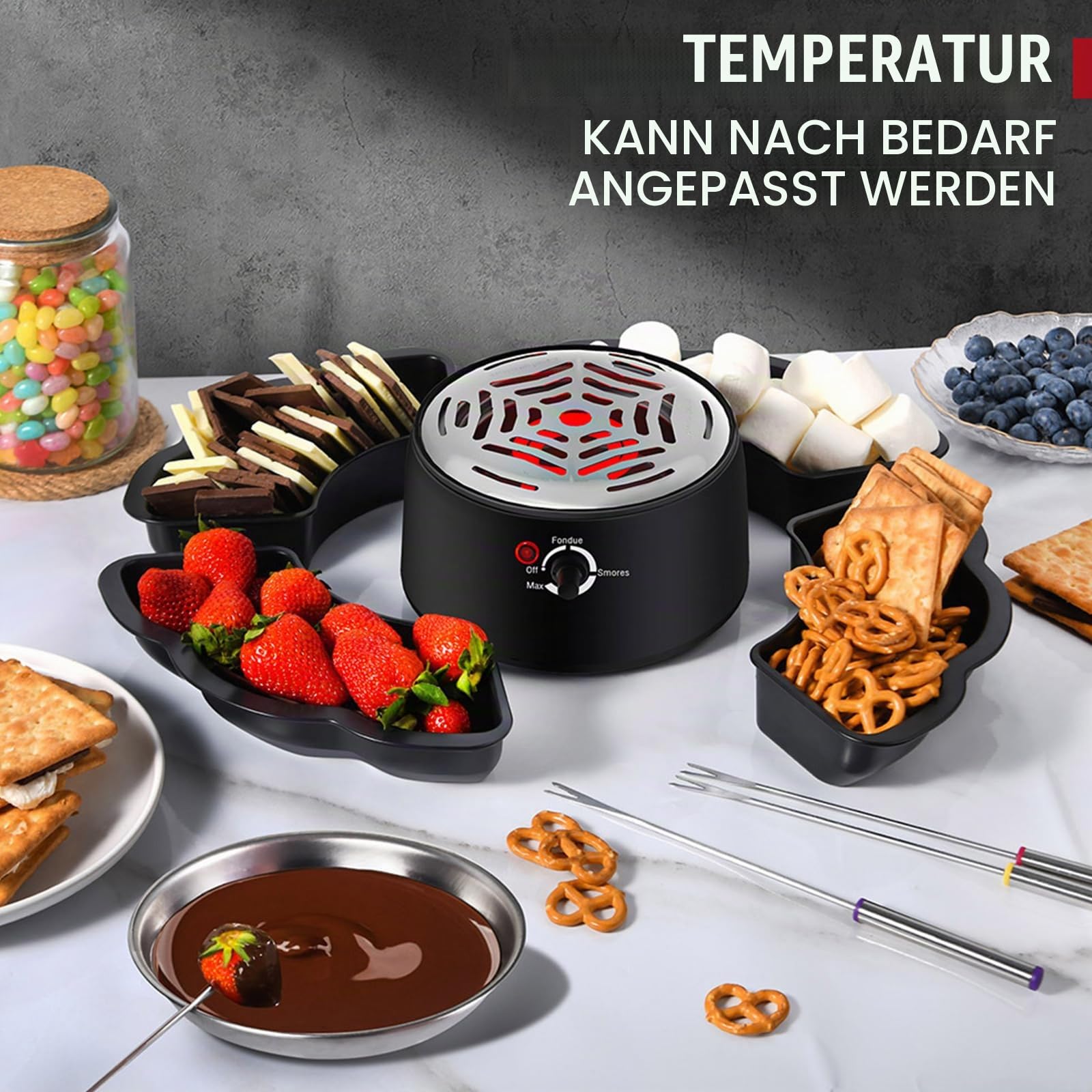 2-in-1 S'Mores Maker & Schokoladenfondue-Set, 280W Tischmodell Indoor S'Mores Kit mit Temperaturregelung & 10 Zubehörteilen, Elektrischer Marshmallow-Röster für Partys, Filmabende & Geschenke