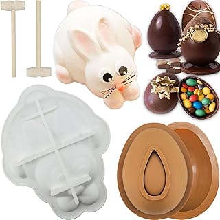 3 Pack Easter Bunny Chocolate Silicone Molds Easter Egg Chocolate Molds with 2 Wood Hammers, 3D Breakable Egg Mold Bunny Cake Pan Rabbit Cake Mold Jello Mold for Baking Cake Dessert Soap Gummy