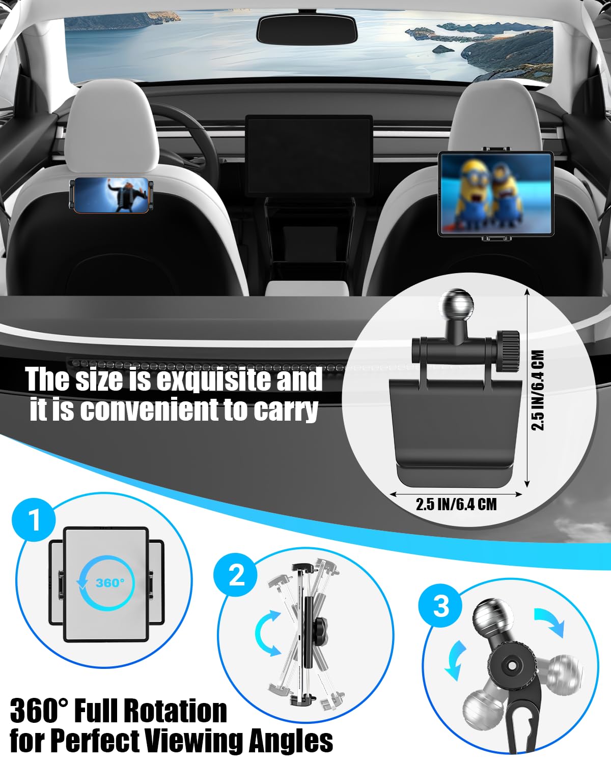Charchendo Supporto per tablet Tesla Model Y Model 3 con testa a sfera in metallo adatto a dispositivi da 4 a 13 pollici, supporto per iPad per sedile posteriore auto da viaggio regolabile per iPad