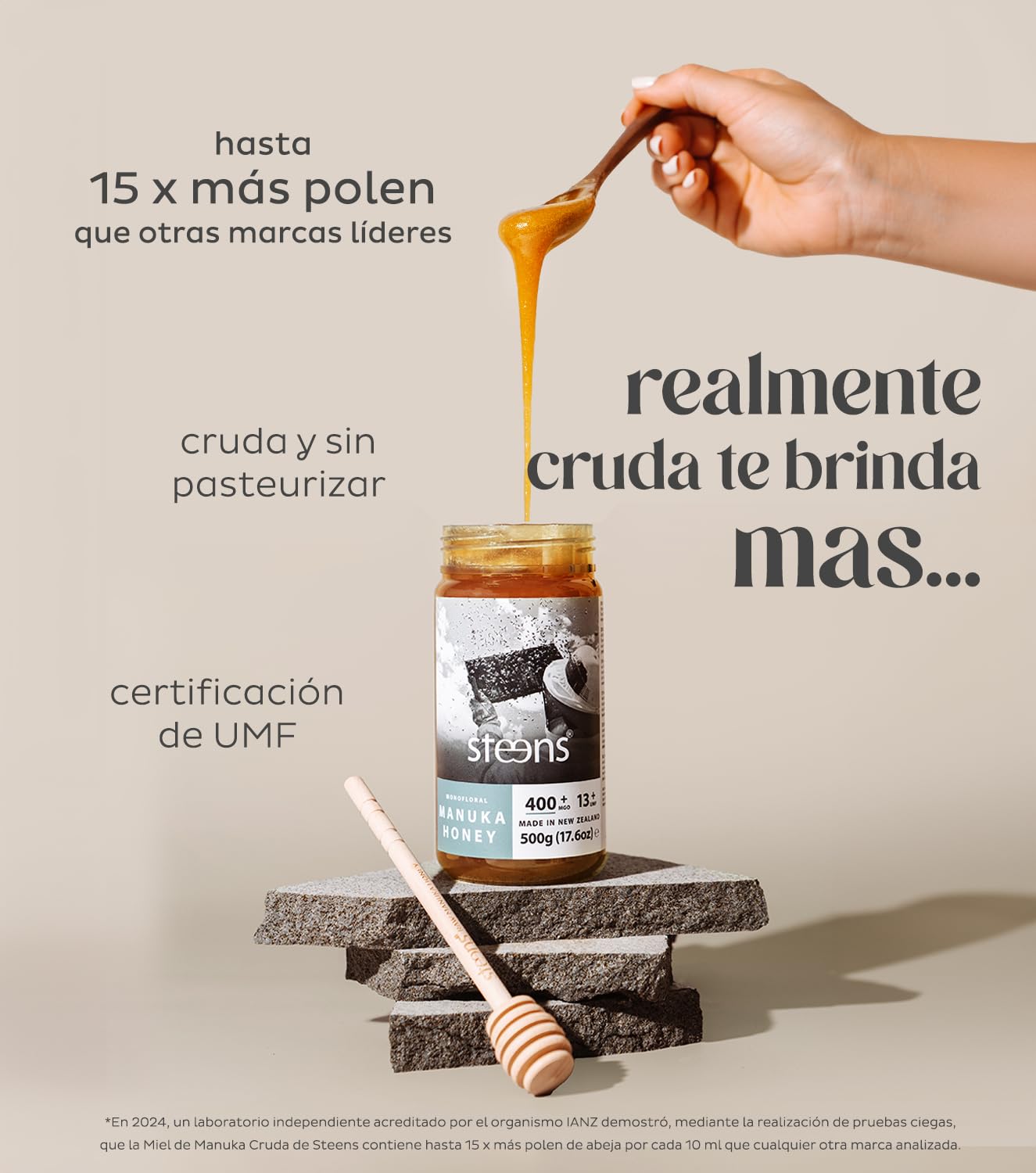 Miel de Manuka Steens MGO 400+ - 500 g de miel de Manuka 100% pura y cruda, certificada UMF 13+ - envasada y sellada en Nueva Zelanda - 500 g