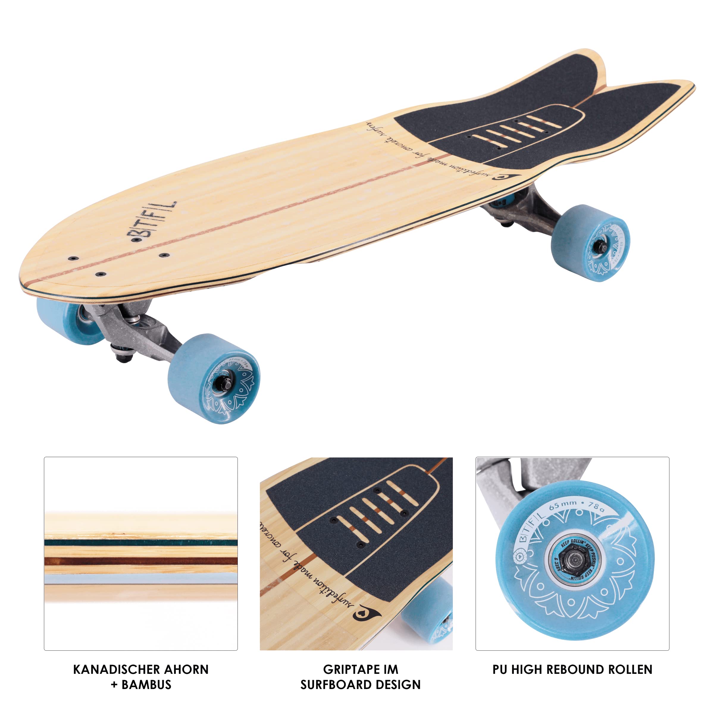 BTFL Surfskate Board Ideales Surftraining für Balance, Carving & Pumping. Komplett Surf-Skateboard mit G-Truck Surfskate Achse und Rollen für Anfänger und Fortgeschrittene: Sol, Cody, Moby & Aurelia