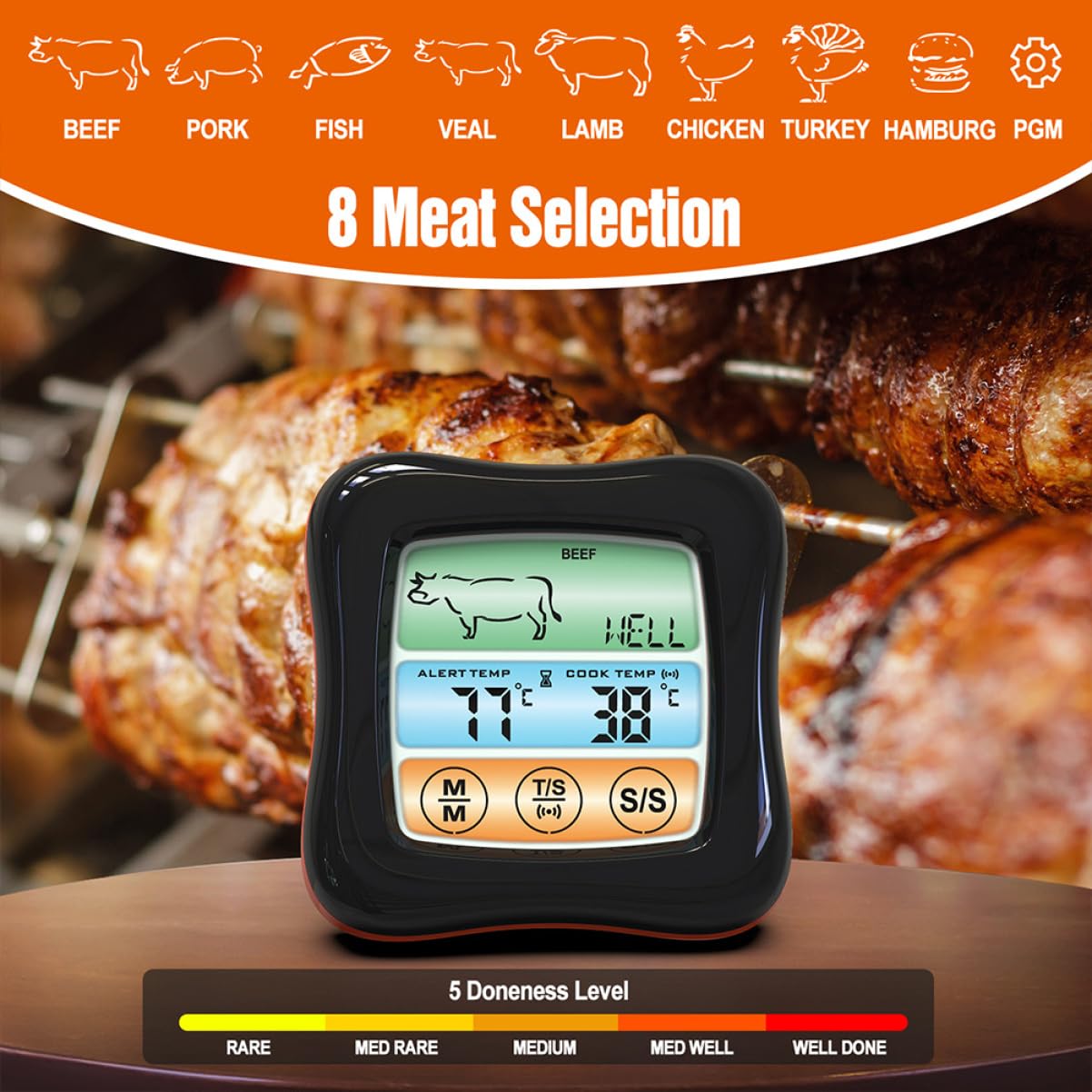 Termómetro De Barbacoa y Alimentos Inteligente Temporizador Abs y Acero Inoxidable Preciso y Duradero