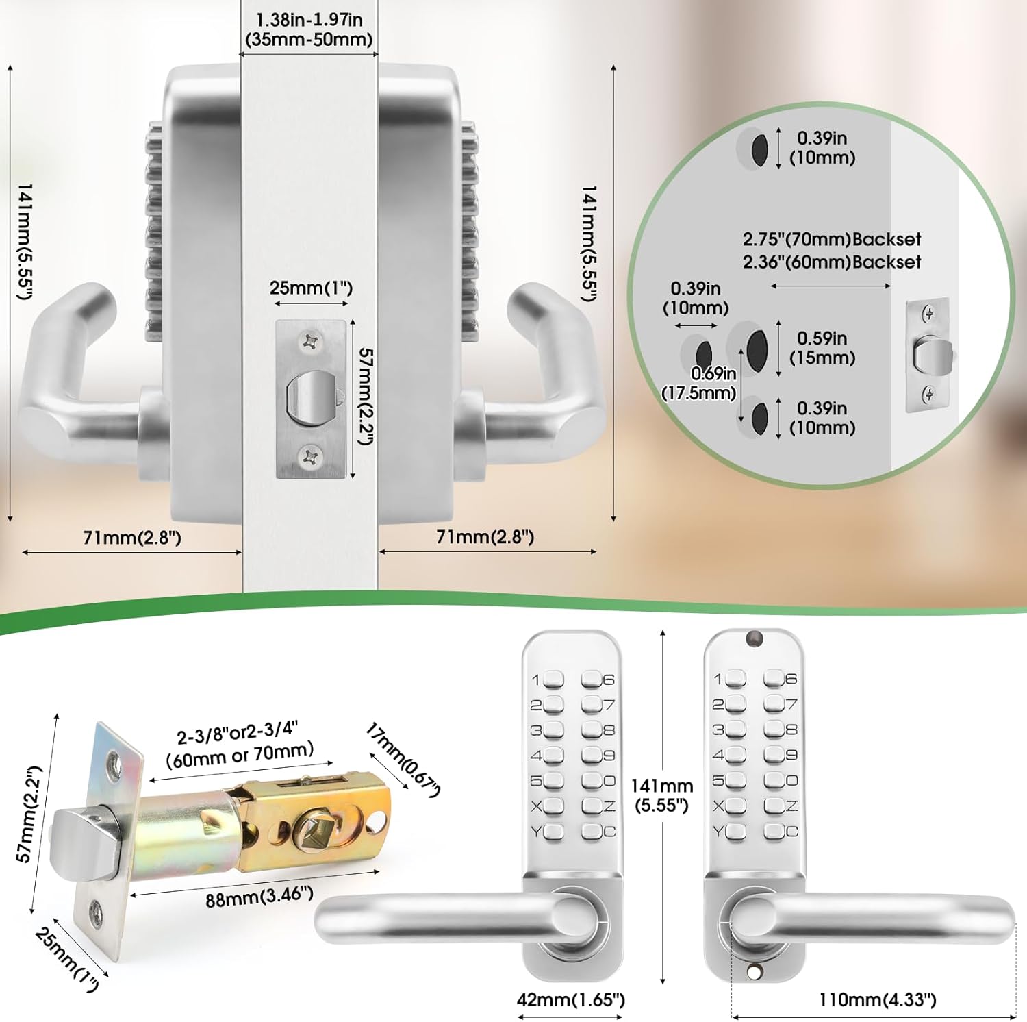 Single Sided Mechanical Keypad Entry Lever Lock,Keyless Push Button Code Combination Door Handle Lock,for Front Gate,Warehouses,Interior Hold-Opening,Auto Locking,No Electronic (Pearl Chrome)
