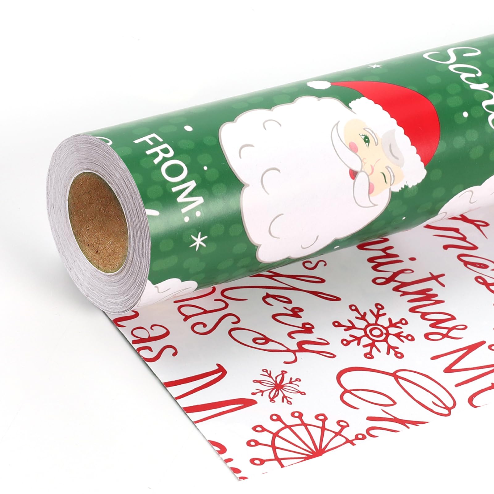 LaRibbons Green Santa Christmas Wrapping Paper Roll, Reversible Wrap with Classic From Santa & Merry Christmas Design for Kids, Season Party, Xmas Presents, 17 Inch x 33 Feet — image 1