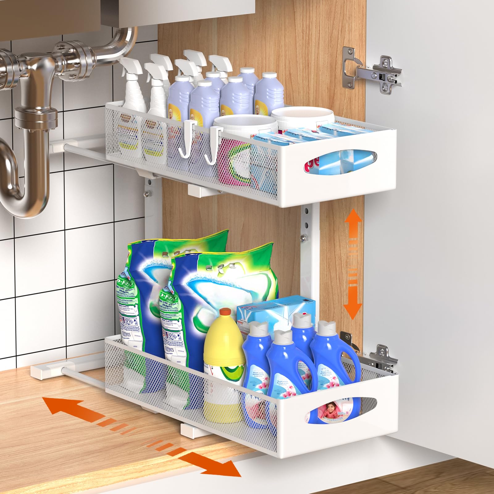 Housolution Under Sink Organizer, 2 Tier Metal Pull Out Under Sink Storage with Sliding Mesh Drawers, Height Adjustable Slide Out Under Sink Organizer Shelf for Kitchen Bathroom Cabinet, White