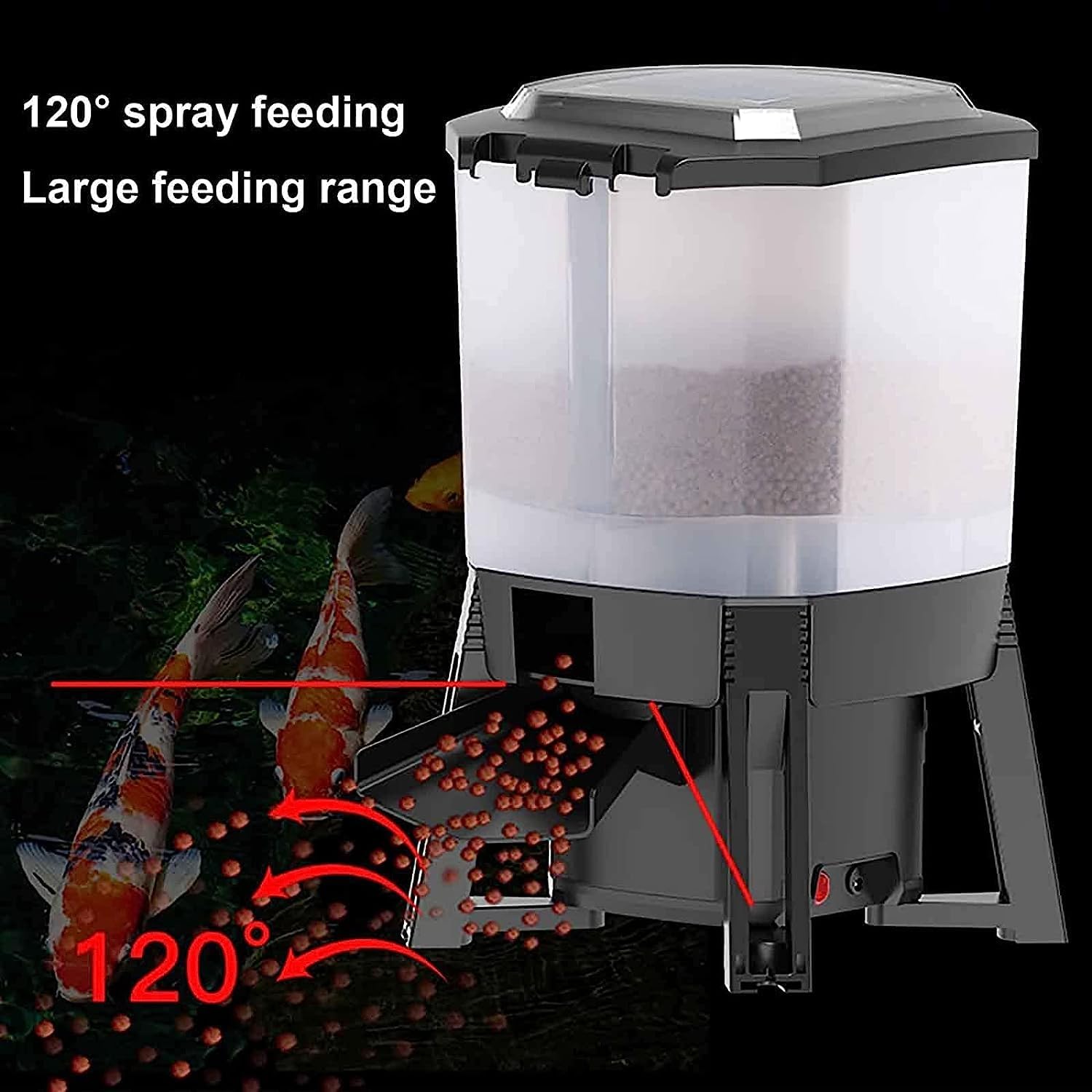 Electric Fish Food Dispenser, 6L Solar Automatic Fish Feeder with LCD Display and Smart Timer, 120° Dispersed Feeding Design, Adjustable Feeding Distance and Duration, for 3-10mm Pellet Size