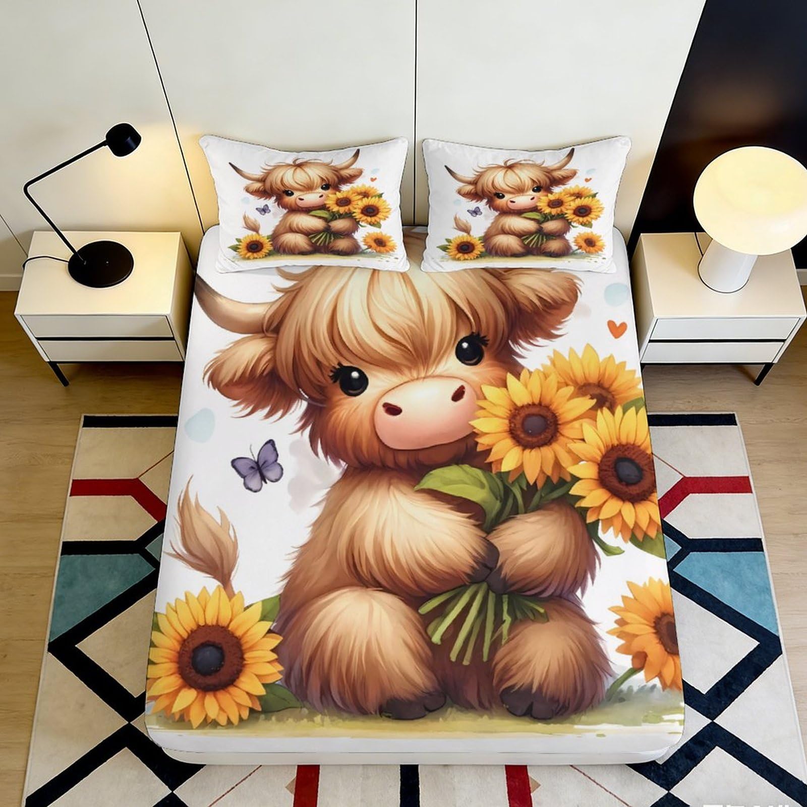3D Printed Cute Highland Cow Fitted Sheet Microfiber Soft Breathable Sunflower Bed Cover for Bedroom Dormitory Guest Room Mattress Protection 160x200x25cm