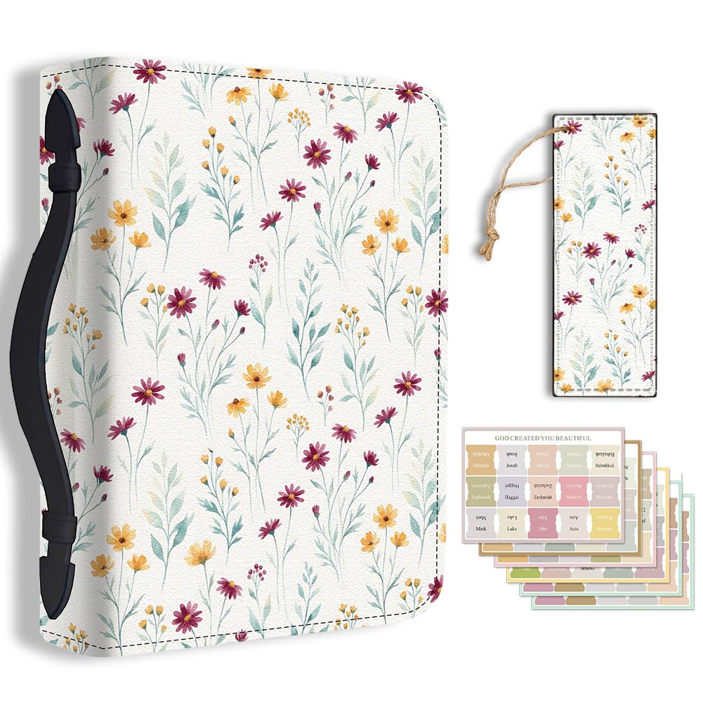 Hobbspring Bible Holder Case for School Office Dense Wildflowers Bible Protective with Handle Bookmark Bohemia Bibles Cover with Zipper Label Stickers for Students Adults Colorful PU Leather Bag