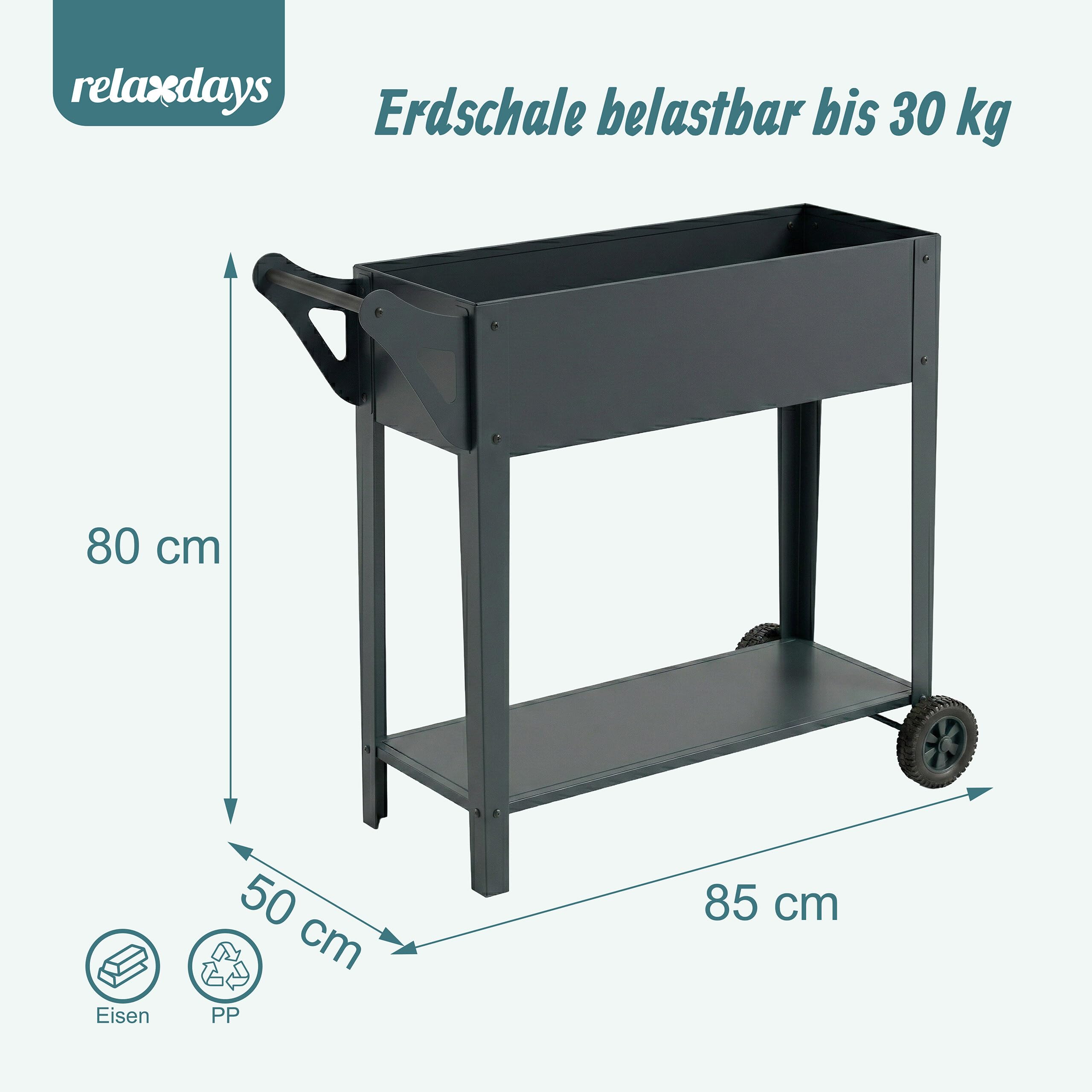 Relaxdays Hochbeet, mit Ablage, 2 Räder, Garten, Balkon & Terrasse, HxBxT: 80 x 85 x 50 cm, mobiles Tischbeet, anthrazit