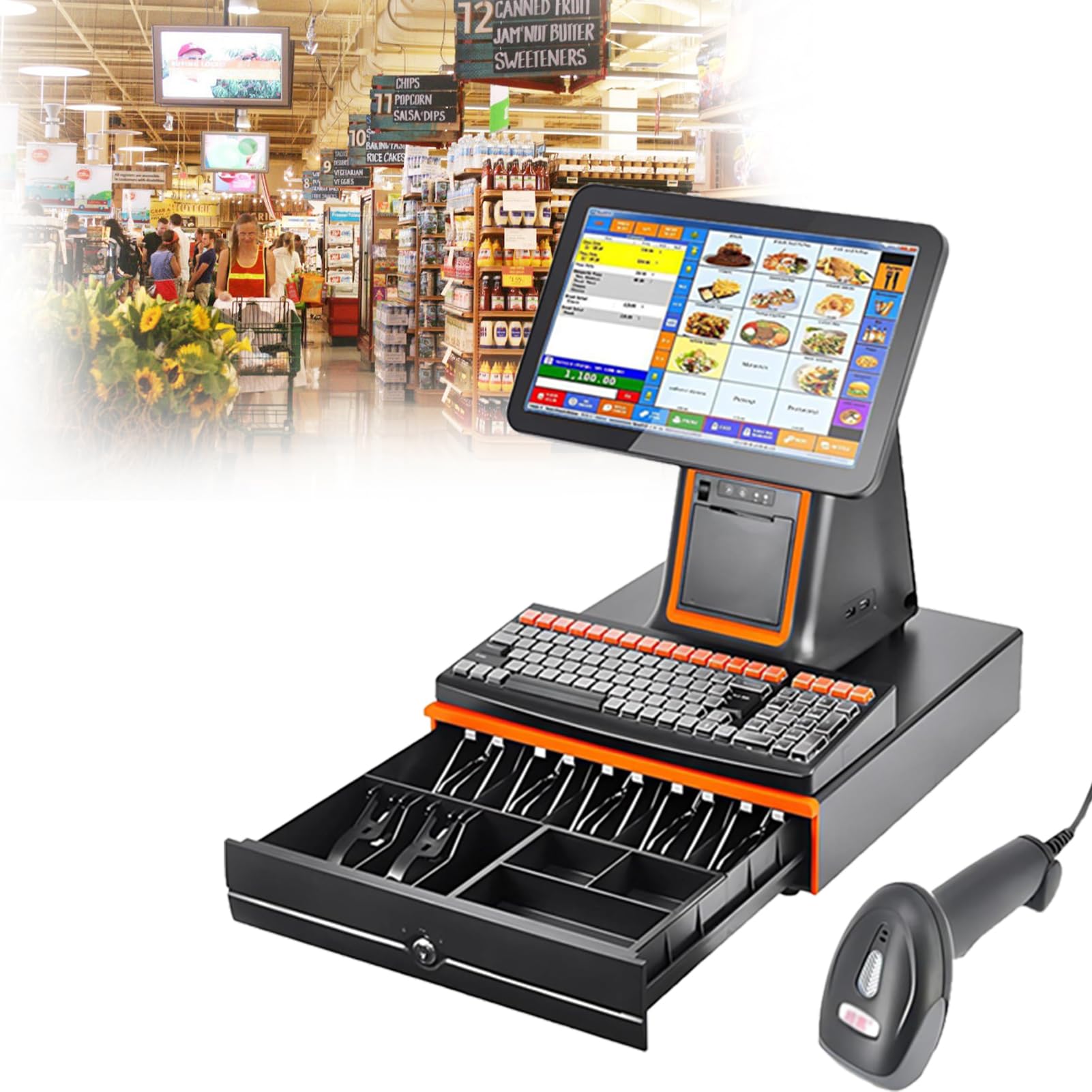 Registratore di Cassa Touch Screen, Terminale POS Professionale, Display 15,6 Pollici 8-Bit LED, Stampante Termica Integrata 58 mm, Schermo Regolabile Multiangolo, per Ristoranti, Negozi