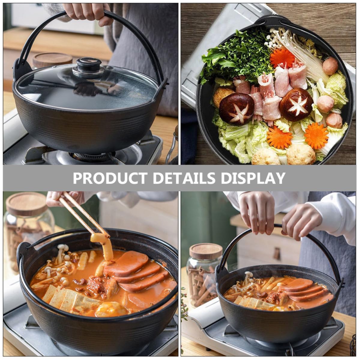 Olla Sukiyaki de Hierro Fundido Negra para Hogar, Resistente al Calor | Uso en Llama Abierta, Conducción Rápida, Superficie Lisa, Fácil Limpieza, Cocina Doméstica, Acabado Negro