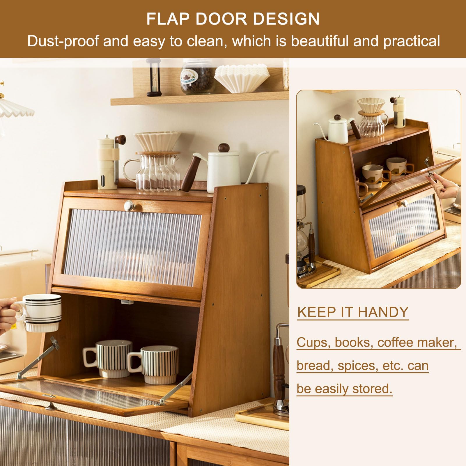 Kleiner Bambus Schrank Küche Speisekammer Anrichte mit Flip-Top-Tür, Speisekammer Arbeitsplatte Lagerung Schrank für Gewürze Gewürzflaschen Schüssel Lebensmittel,Braun,40×27cm/16×11in