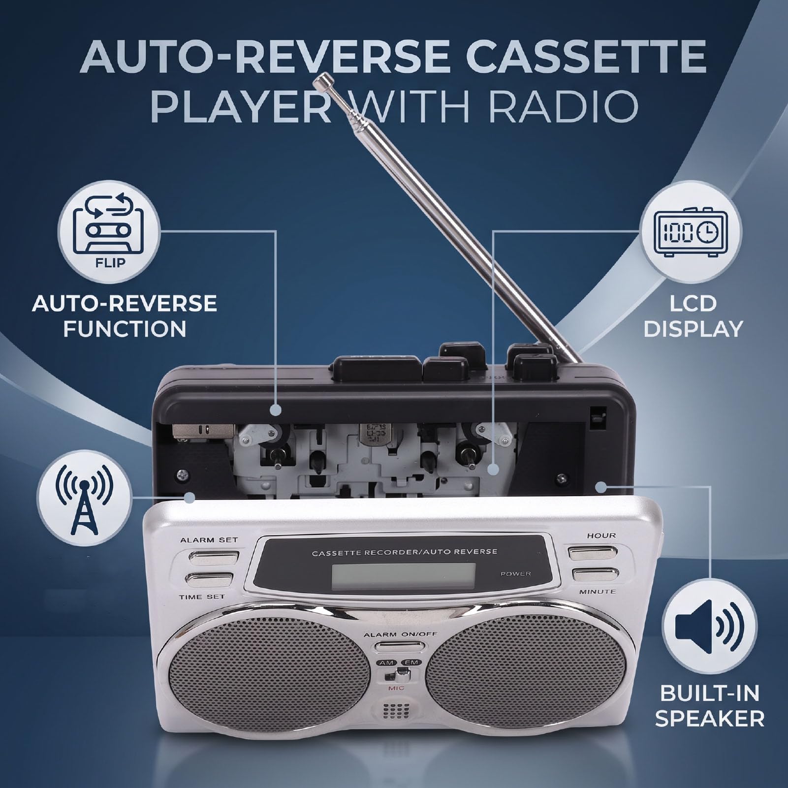 Bewinner Reproductor de Casete Retro con Grabadora de Cinta Inversa Automática con Radio Am FM | Cuerpo ABS, grabadora portátil, escucha en casa y al aire libre, pantalla LCD, uso de auriculares