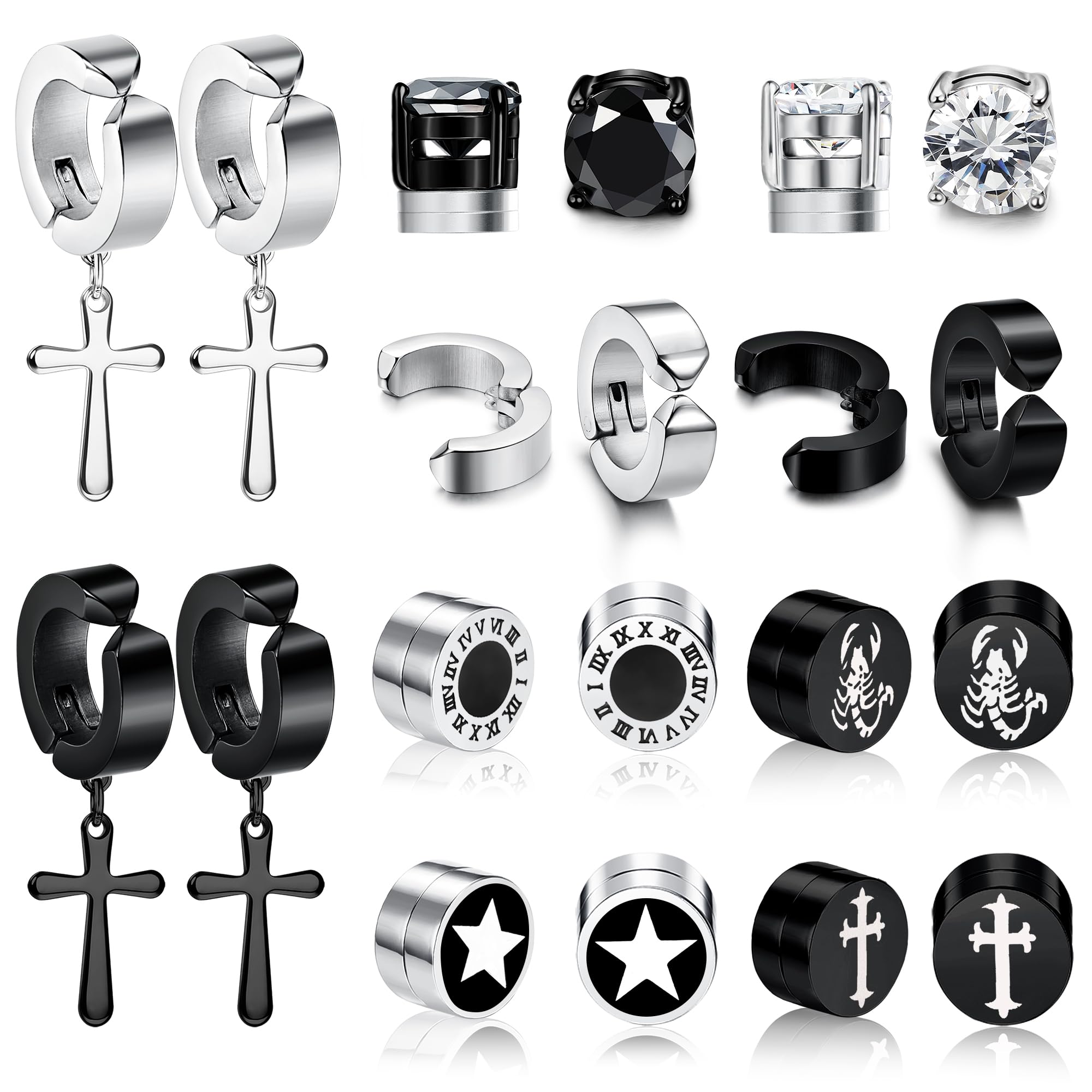 Adramata 10 Pares Pendientes de Iman Hombre Acero Inoxidable Pendientes Falsos, Negro Pendientes Cruz Hombre Mujeres, CZ Pendientes Sin Agujero Hombre