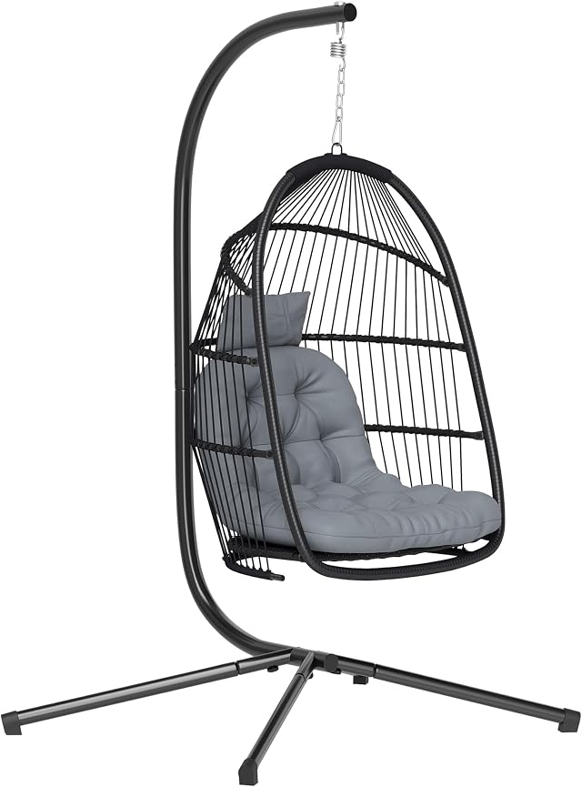 Outsunny Silla Colgante Huevo con Soporte Exterior 150 kg Gris Oscuro | Columpio Jardín, Cesta Plegable, Cojín Anti-UV, Reposacabezas Desmontable, Uso Interior
