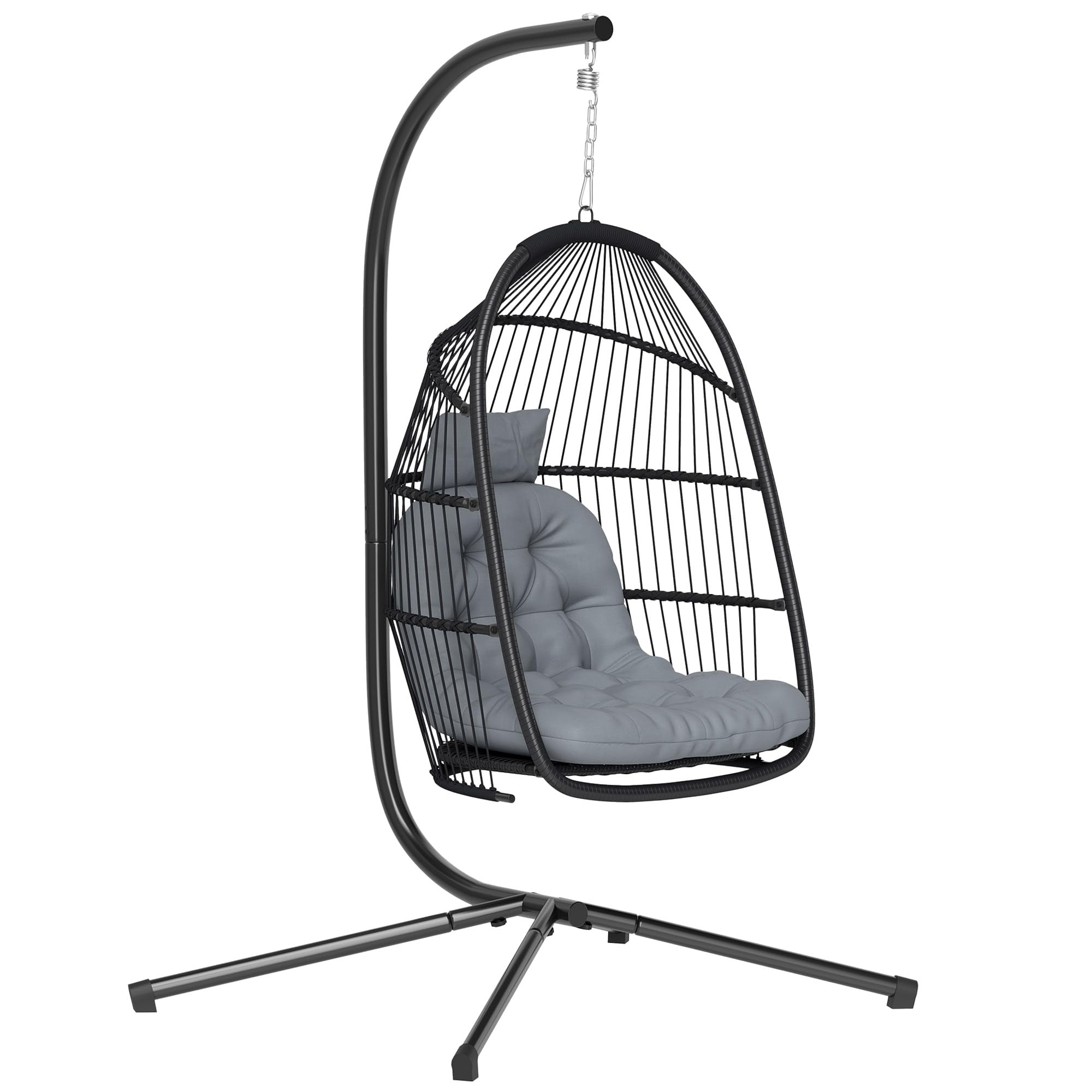 Outsunny Silla Colgante Huevo con Soporte Exterior 150 kg Gris Oscuro | Columpio Jardín, Cesta Plegable, Cojín Anti-UV, Reposacabezas Desmontable, Uso Interior